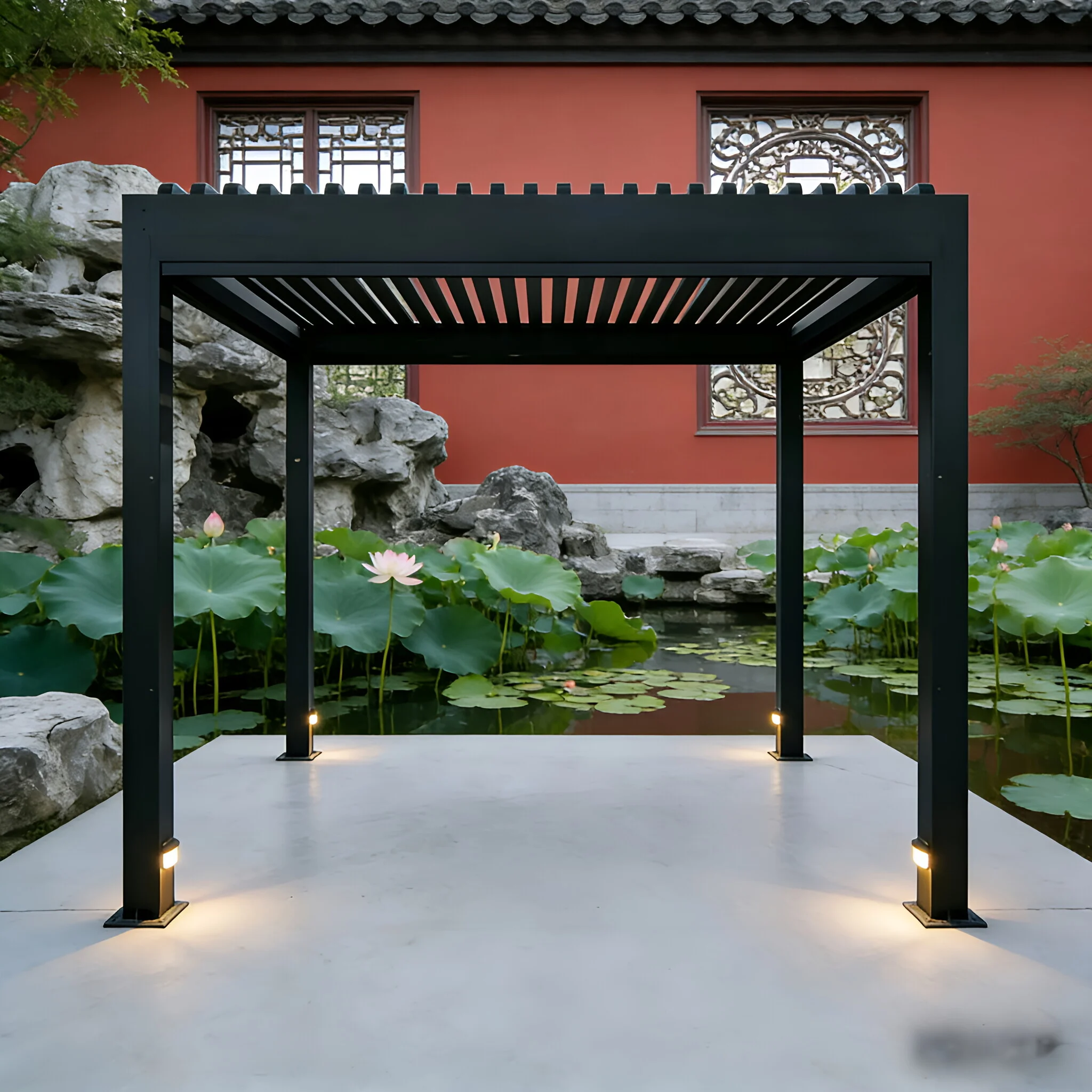 Latest Design Outdoor Sunshade Pavilion with LED Lights Aluminum Alloy Party Pergola Grit Finish Heavy Duty Aluminum Gazebo