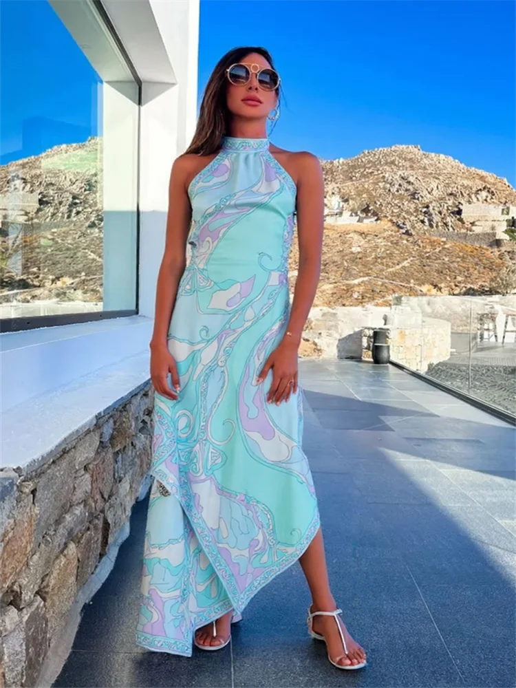 

Print Halter Top Skirt Women's Suits Irregular Lace Up Backless Sleeveless Tank High Waist Skirts Sets 2025 Summer Lady Outfits