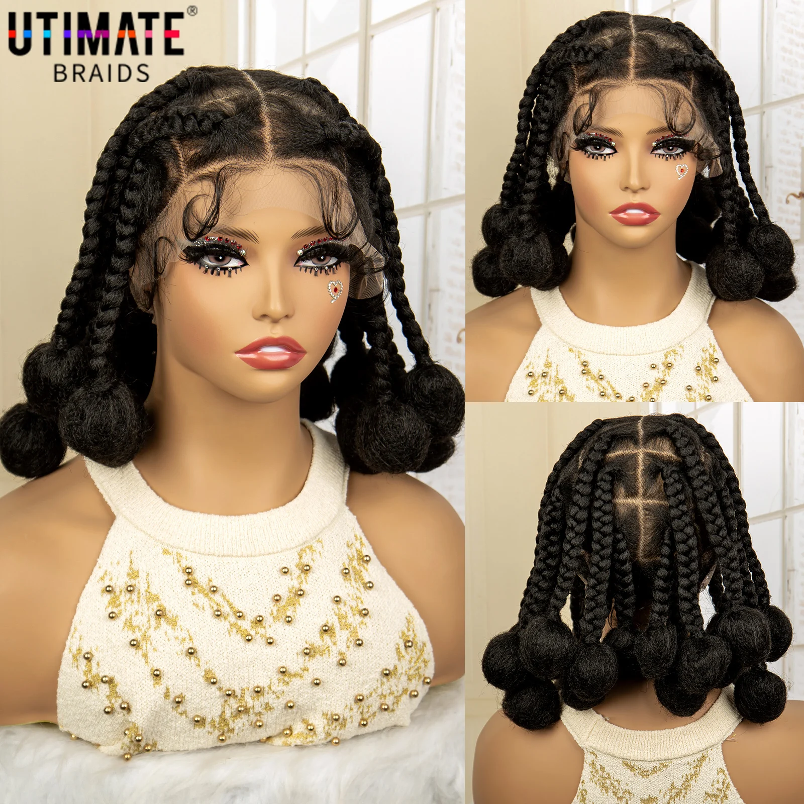 

12 Inches Bantu Braided Wigs for Women Synthetic Full Lace Knotless Box Braiding Wig with Baby Hair African Twist Braids Wig