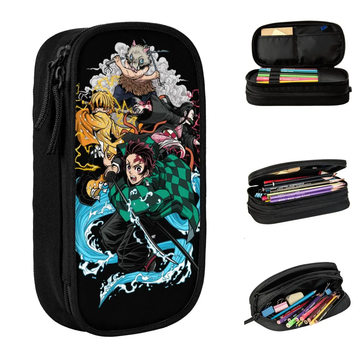 Demon Slayer Pencil Cases Inosuke Anime Demon Blade Pencil Pouch Pen Box Large Storage Bag Students School Zipper Stationery