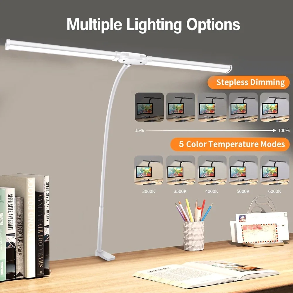 B LED Double/Single Head Reading Desk Lamp Foldable Swing Arm Table Lamp with Clip Dimmable Workstation Office PC Eye Protection