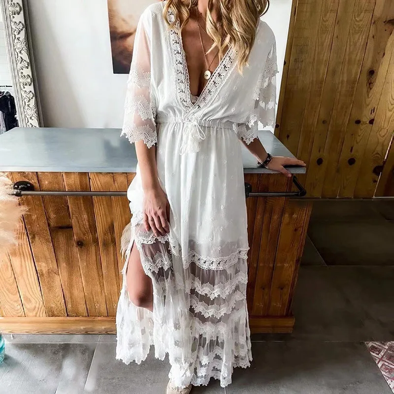 smart casual dress code beach Off the Shoulder Floral Lace Beach Wedding Dresses A Line Rustic Boho Wedding Dress AWD2010 main image 1