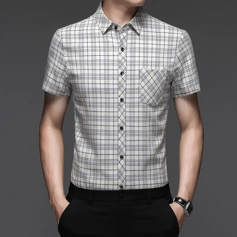 

Mens White Black Plaid Short Sleeve Shirt Button Down Casual Business Checked Shirts with Chest Pocket