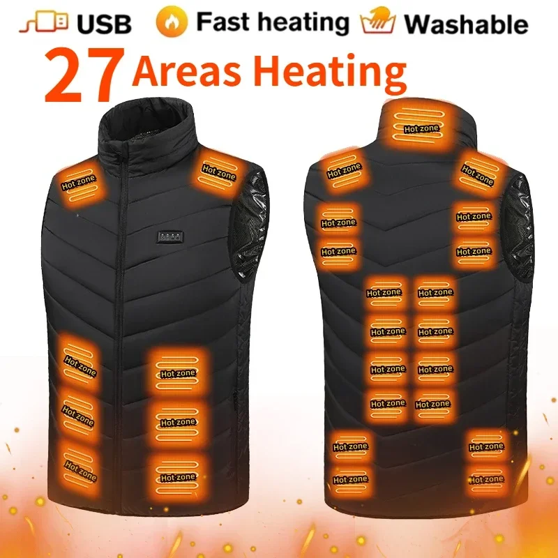 Men's 27/17/13 Zone Heated Vest Winter New USB Electric Heated Jacket Outdoor Ski Smart Heated Clothes Men's Warm Down Jacket