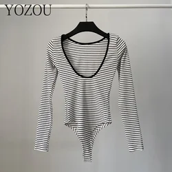 [YOZOU] Crochet Long Sleeve Backless Top Cotton Black White Striped Long Sleeve Tee Tshirt Women Girls Going Out Tops Bodysuits