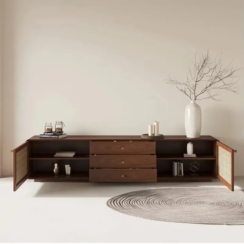 Mid-Century Solid Wood TV Cabinet with Rattan Doors Designer Walnut Media Console for Living Room Modern Minimalist Storage Unit