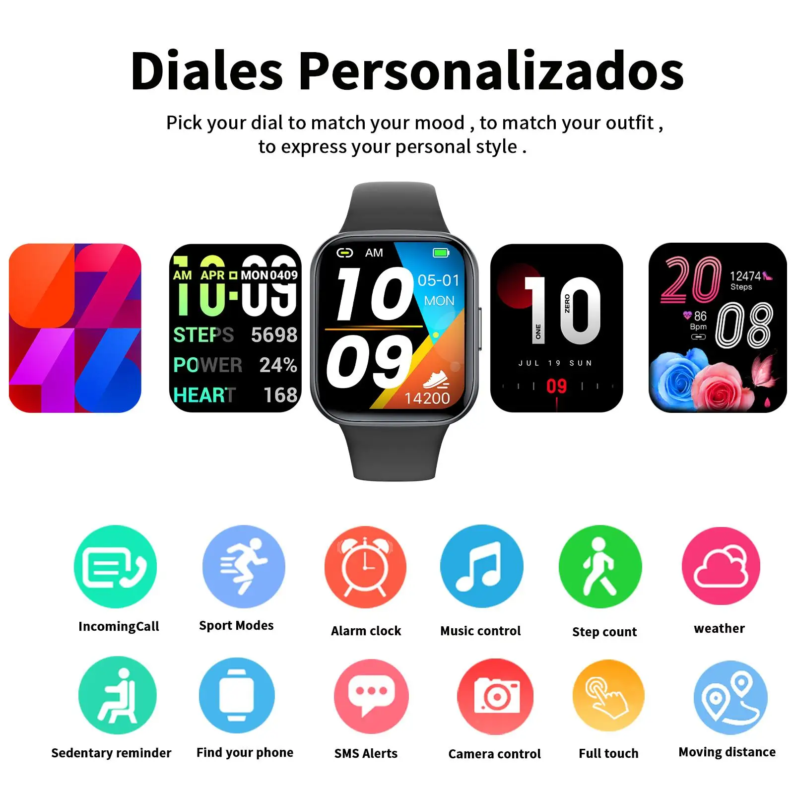 스마트 시계, 통화/메시지 알림, 다양한 스포츠 모드, 맞춤형 배경화면, 스포츠 시계, Android 및 iPhone에 적합