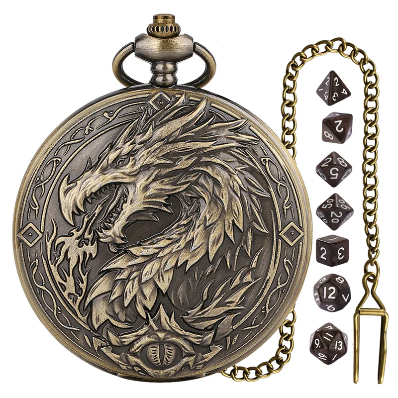 

7pcs Acrylic Mini Size Dice Set with Large Size Dragon Fire Pocket Watch Case Pendant Chain for Table Role Play Board Gaming