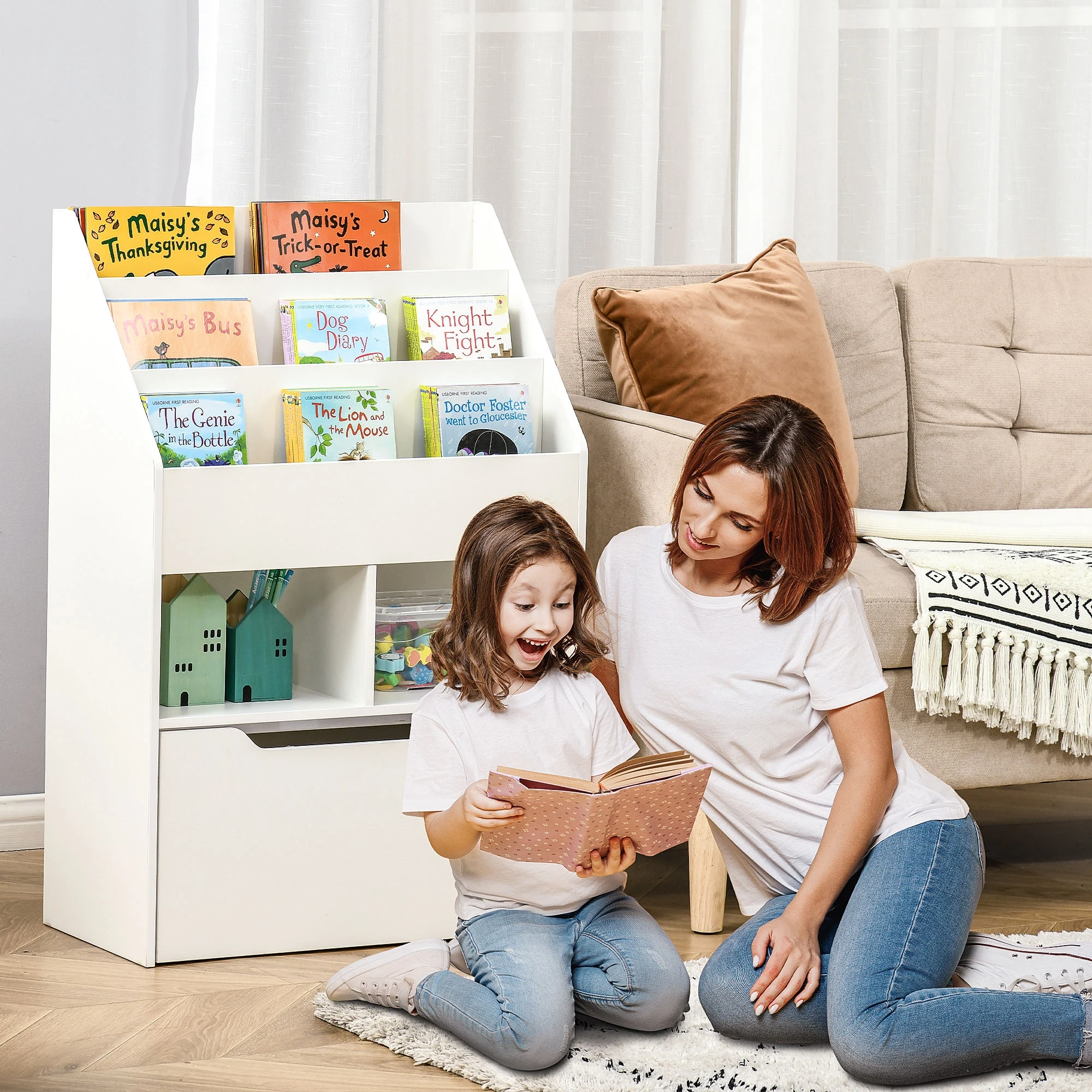 HOMCOM-Estantería de Librería Infantil, con 3 Compartimentos, 2 Cubos, Cajón y Ruedas