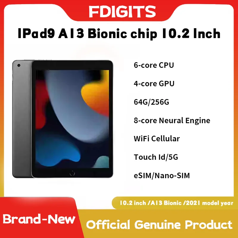 2021 IPad9 A13 Bionic chip 10.2 Inch 64G/256G WiFi Cellular Touch ID,eSIM, Original 6-core CPU 4-core GPU 8-core Neur