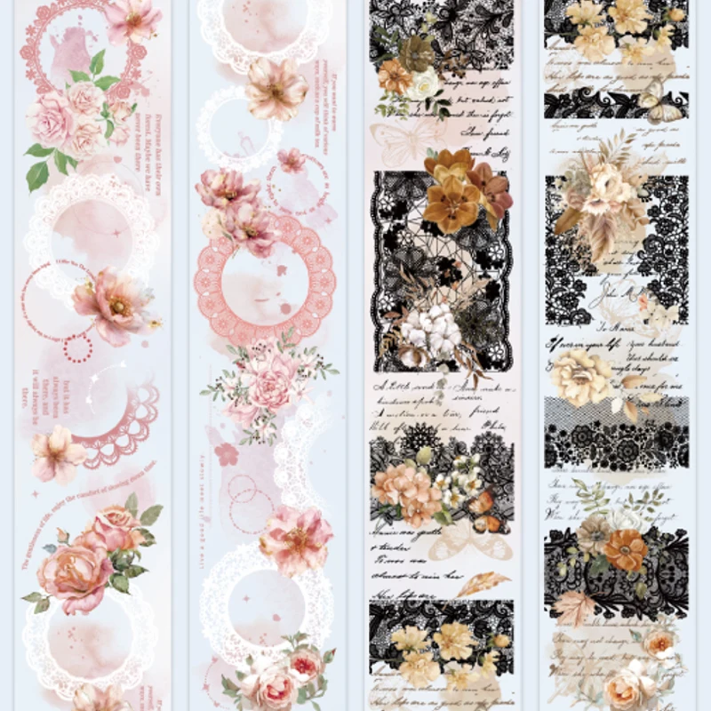Mr. Paper, 6 Styles, 200cm/roll, Matte PET Lace Floral Tape, Scrapbook Diary Collage Decorative Sticker Tape