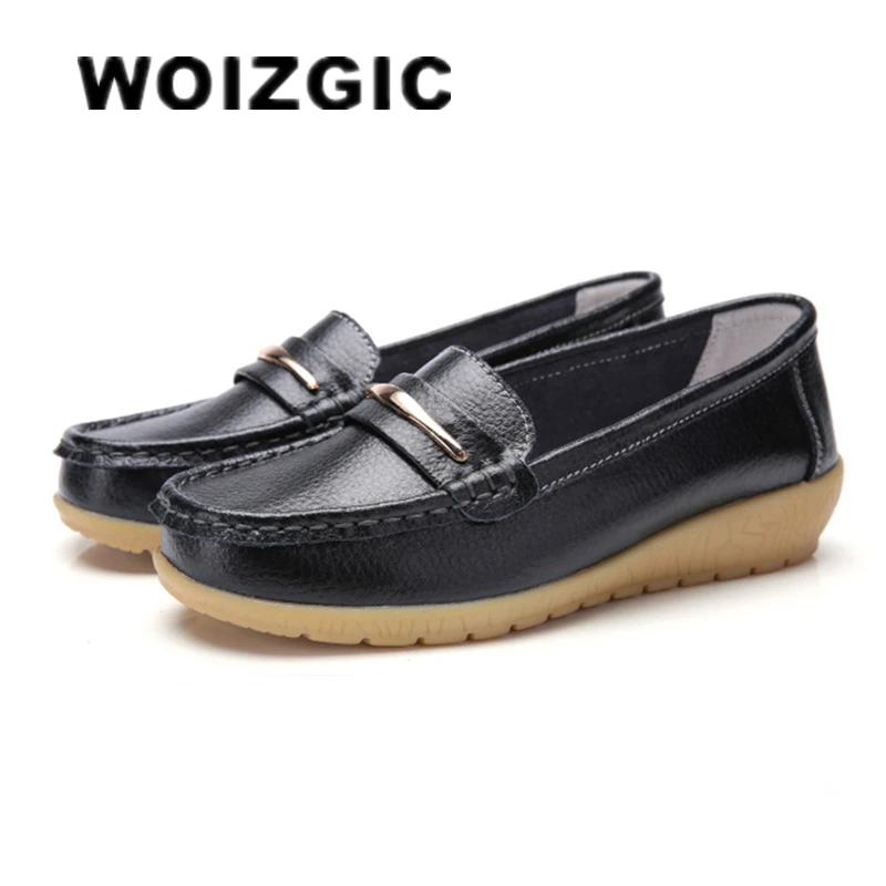 WOIZGIC Women\'s Mother Ladies Woman Female Genuine Leather Shoes Flats Loafers Platform Bling Slip On Moccasins Plus Size 43 44