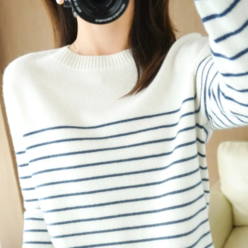 100% Cotton Knitted Sweater Women\'s Sweater Striped Color Matching Round Neck Large Size Loose Temperament Long Sleeve Bottoming