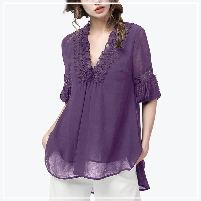 

2024 New Summer Elegant Temperament Commuting Minimalist Fashion Hollowed Out Lace V-neck Loose Casual Mid Length Half Shirt