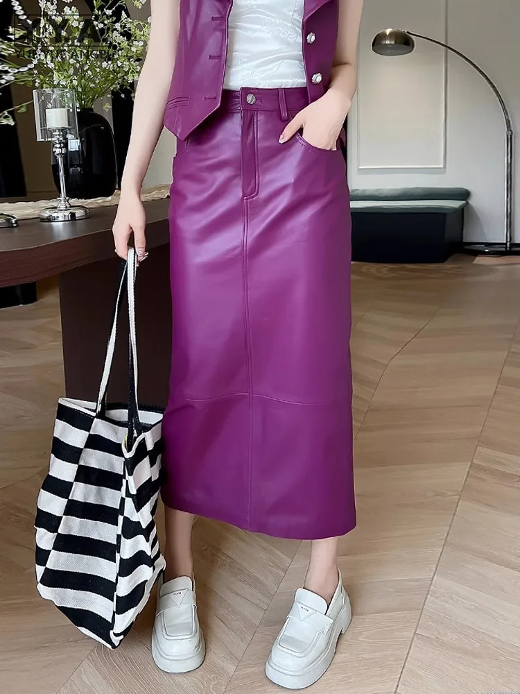 New Elegant Women Slim Fit Mid Calf Long Sheepskin Genuine Leather Skirt Office Ladies Autumn Work Wrap Pencil Skirts Purple 4XL