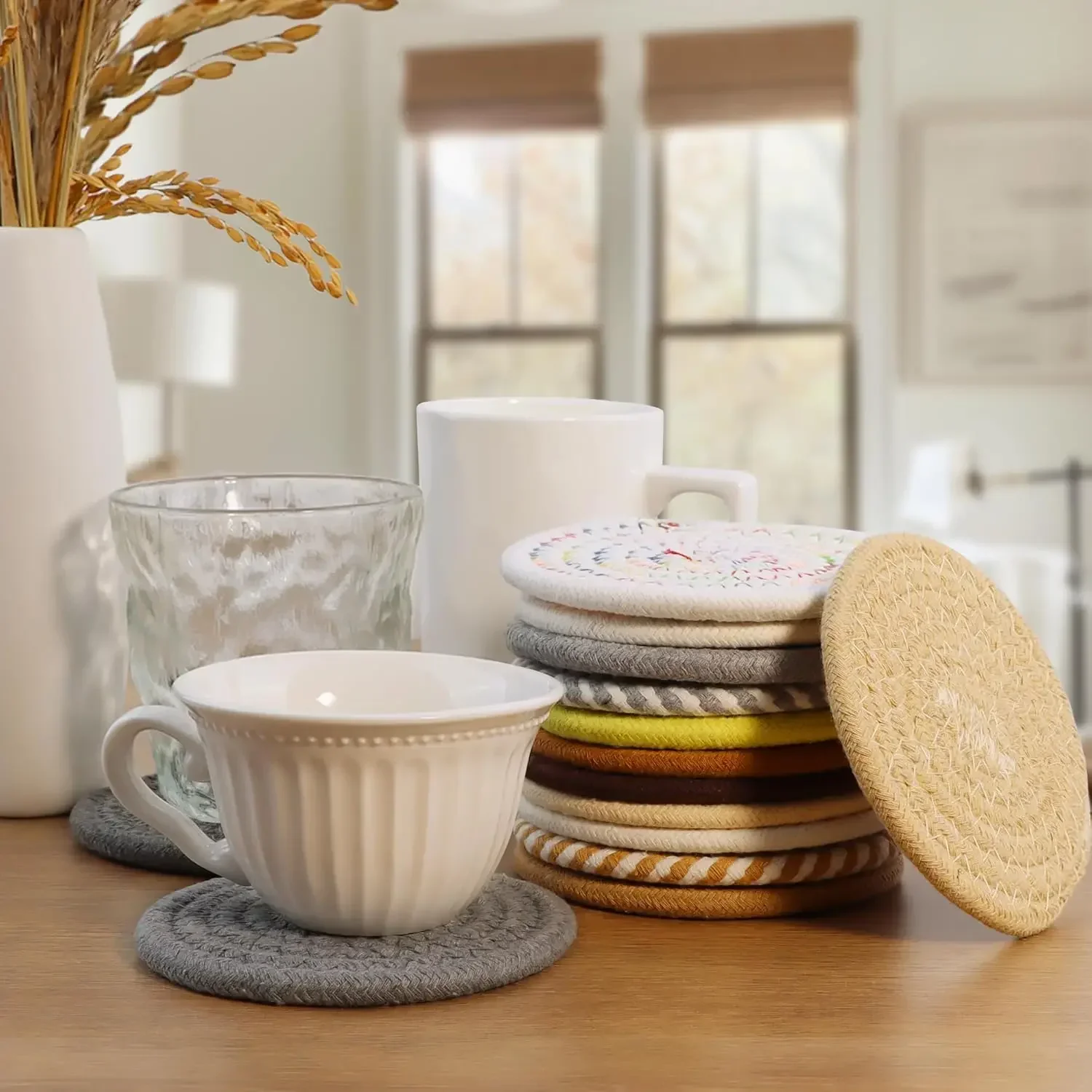 Coasters Set of 4 for Drinks, Cotton Woven 4 Colors Absorbent Boho Coasters for Home Decor Cups - Hot or Cold Drink Thickened (W