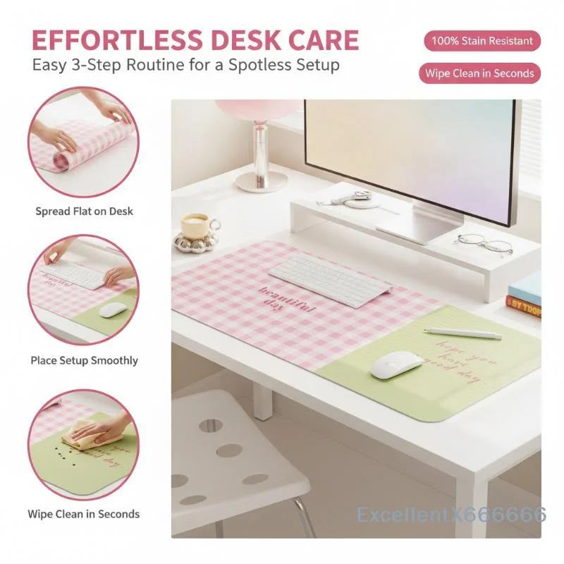 Cute Pink Green Plaid Printed Large Desk Mat Waterproof Non Slip For Home Office Work Study Gaming