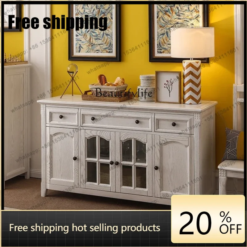 jj5  Best Seller Pg45American Country Dining Side Cabinet Glass Ivory White Old Storage Storage Multi-function Cabinet