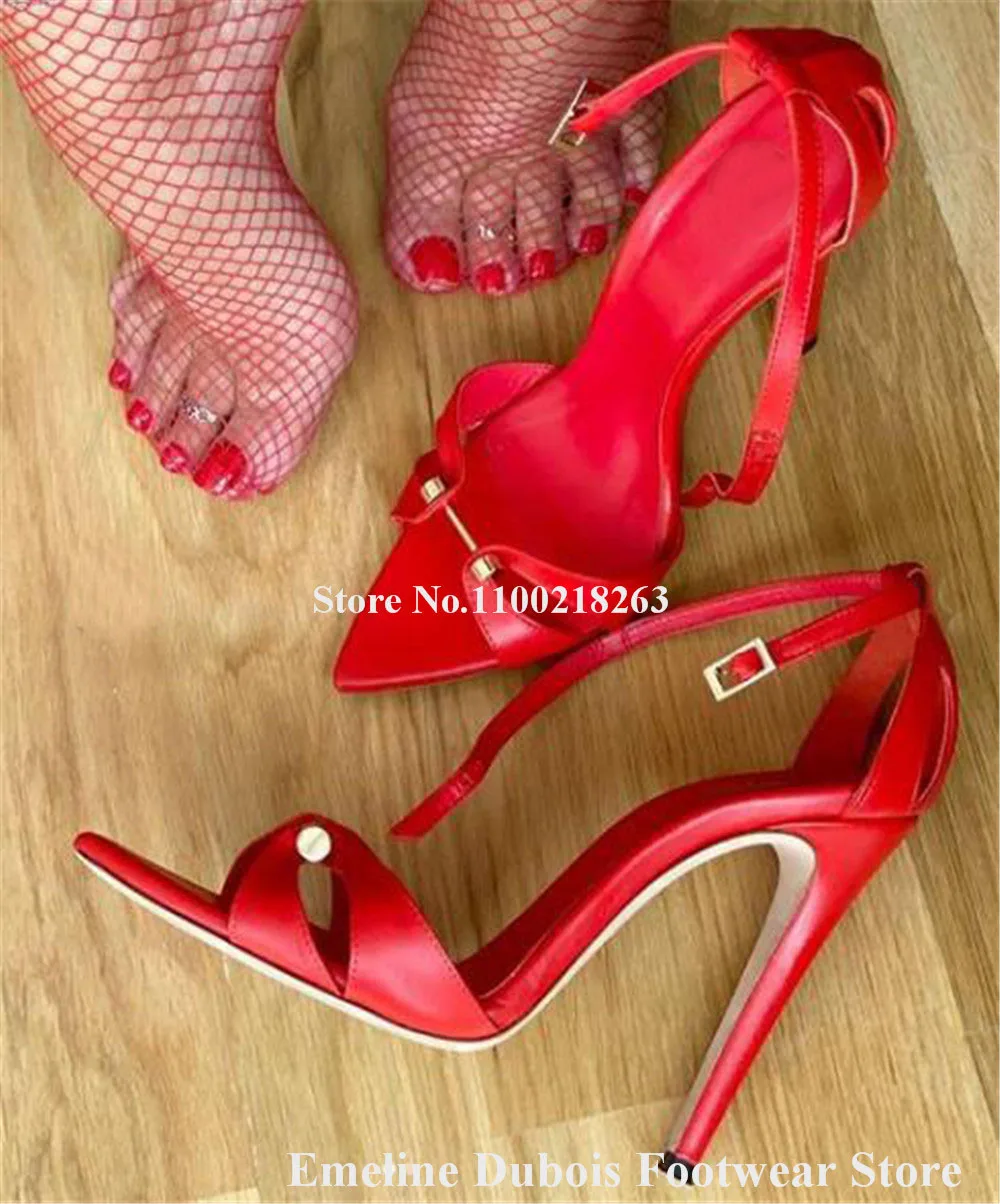 

Newest Metal Buckles Sandals Emeline Dubois Pointed Open Toe Red Leather Cut-out Studs Stiletto Heel Dress Shoes Wedding Heels