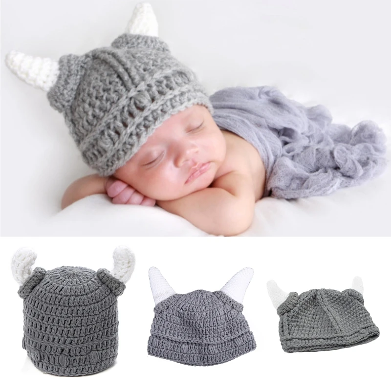 Parent-Child Winter Hat Retro Beanie  Vintage Knit Funny 3D Box Horn Hip Hop Halloween Barbarian Viking Skullcap