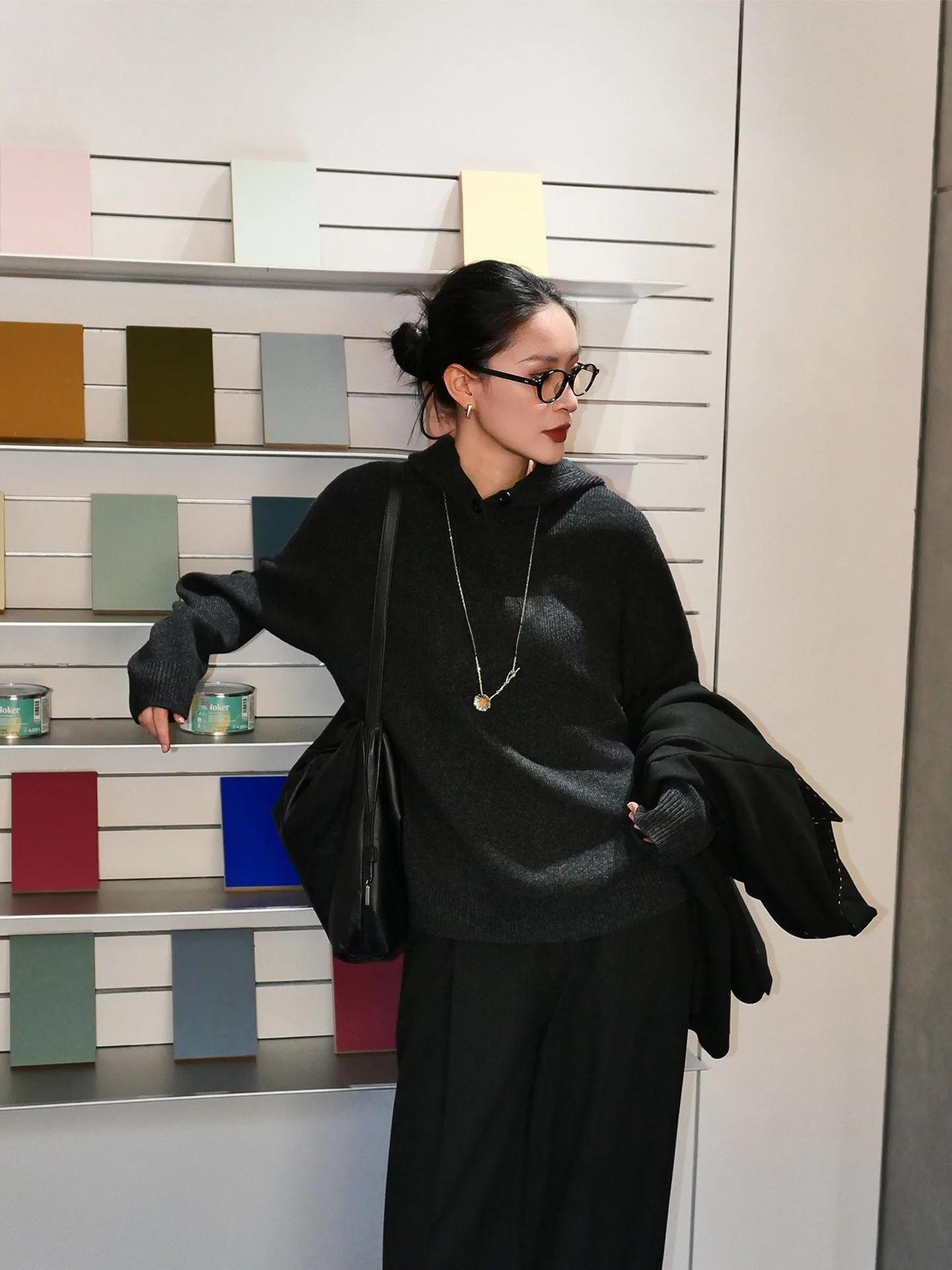 

Jieji Zhang Spring 00% Wool Bla Button Hoodie Loose Knitted Sweater Casual Sle Long Sve Women's Faion Commute Wear