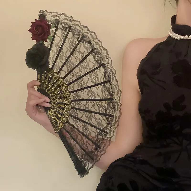 Lolita Gothic Fan Victorian Female Lace Hand Fan Vintage Black White Red Rose Bamboo Fans Cosplay Halloween Party Supplies