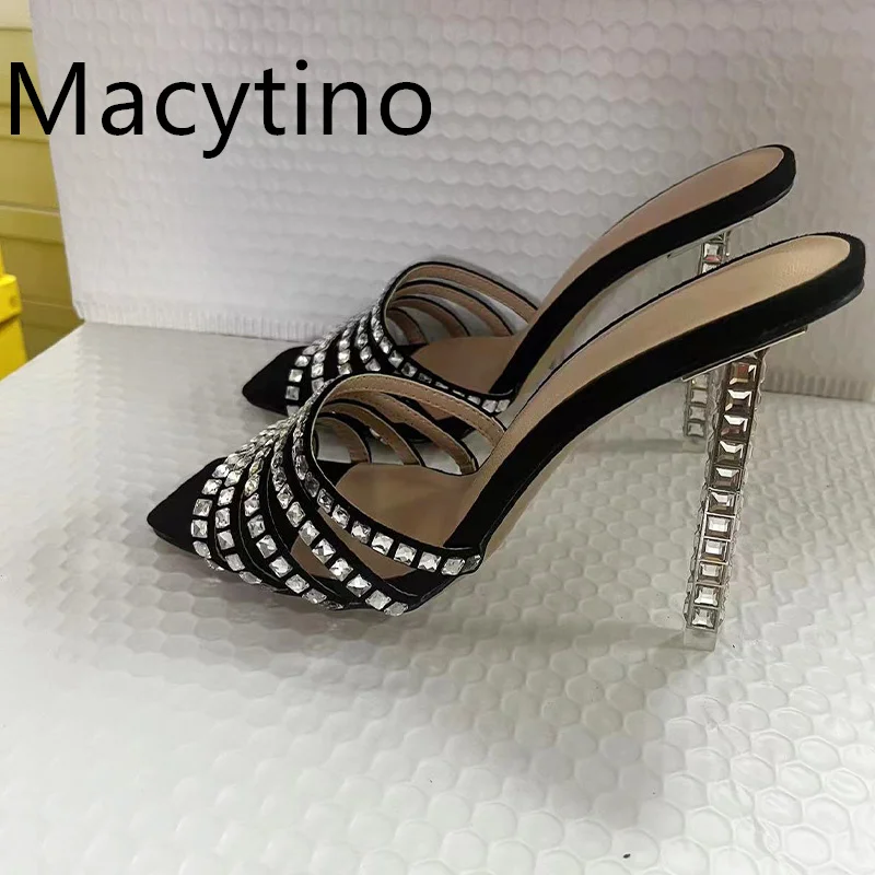 

2024 Summer Golden Temperament Square Head Rhinestone High-heeled Slippers Crystal Thin With Roman Peep-toe Word Cool Sandals