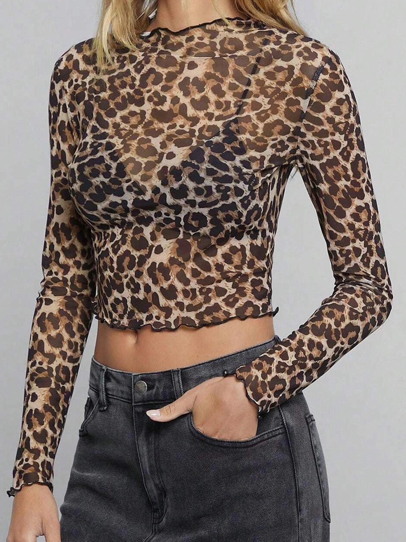 2025年 欧米風 クロスボーダー 新スタイル エレガント レディース メッシュ レオパード柄 スタンドカラー 長袖 ショート丈Tシャツ