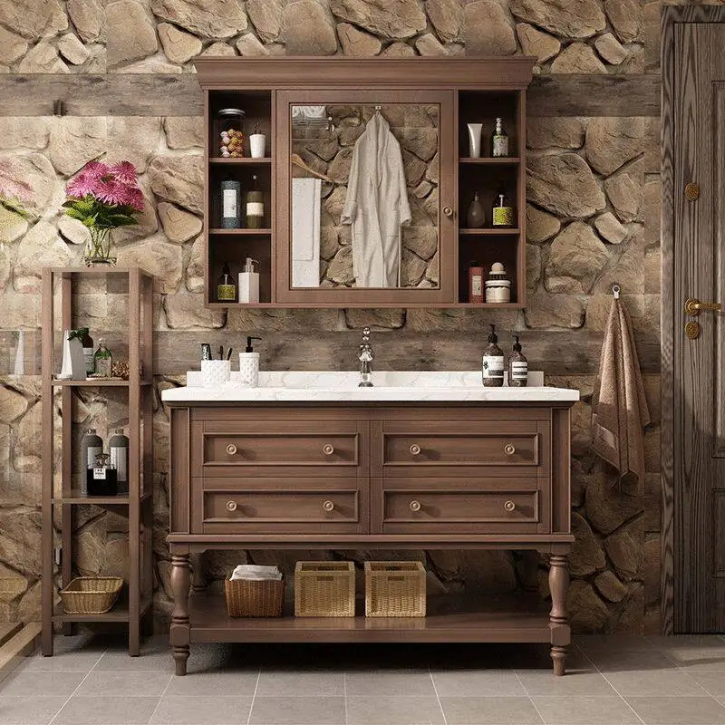 

Комплект мебели для ванной комнаты: тумба под раковину из массива дерева, зеркальный шкафчик с каменной столешницей.