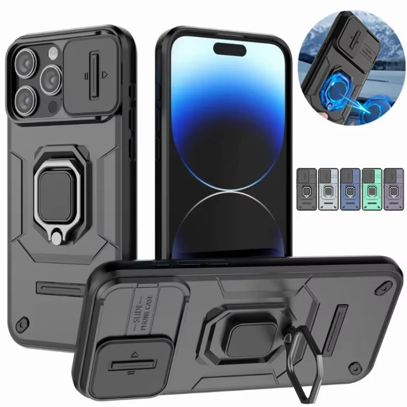 

Ring Stand Rotating Slide Camera Lens Military Grade Armor Case For iphone 16 15 14 13 Pro Max Plus Back Cover
