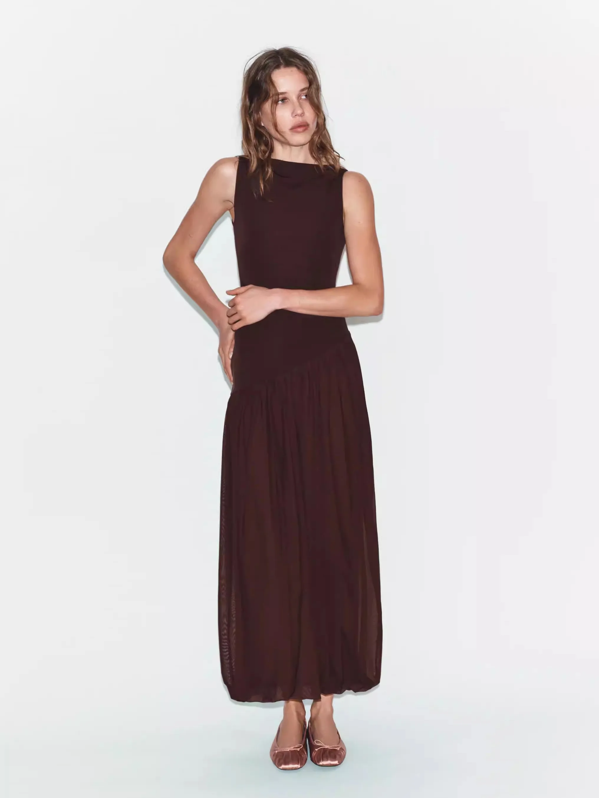

Summer New Women's Long Sleeveless Straight Neck Silk Net Splicing Dress Ethnic Stage Costume for Young Women 18-25 Years Old