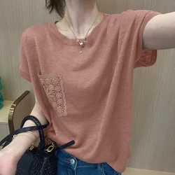 Summer New Solid Color Fashion Short Sleeve T-shirt Women High Street Casual Pockets Patchwork Pullovers Hollow Out Cotton Tops