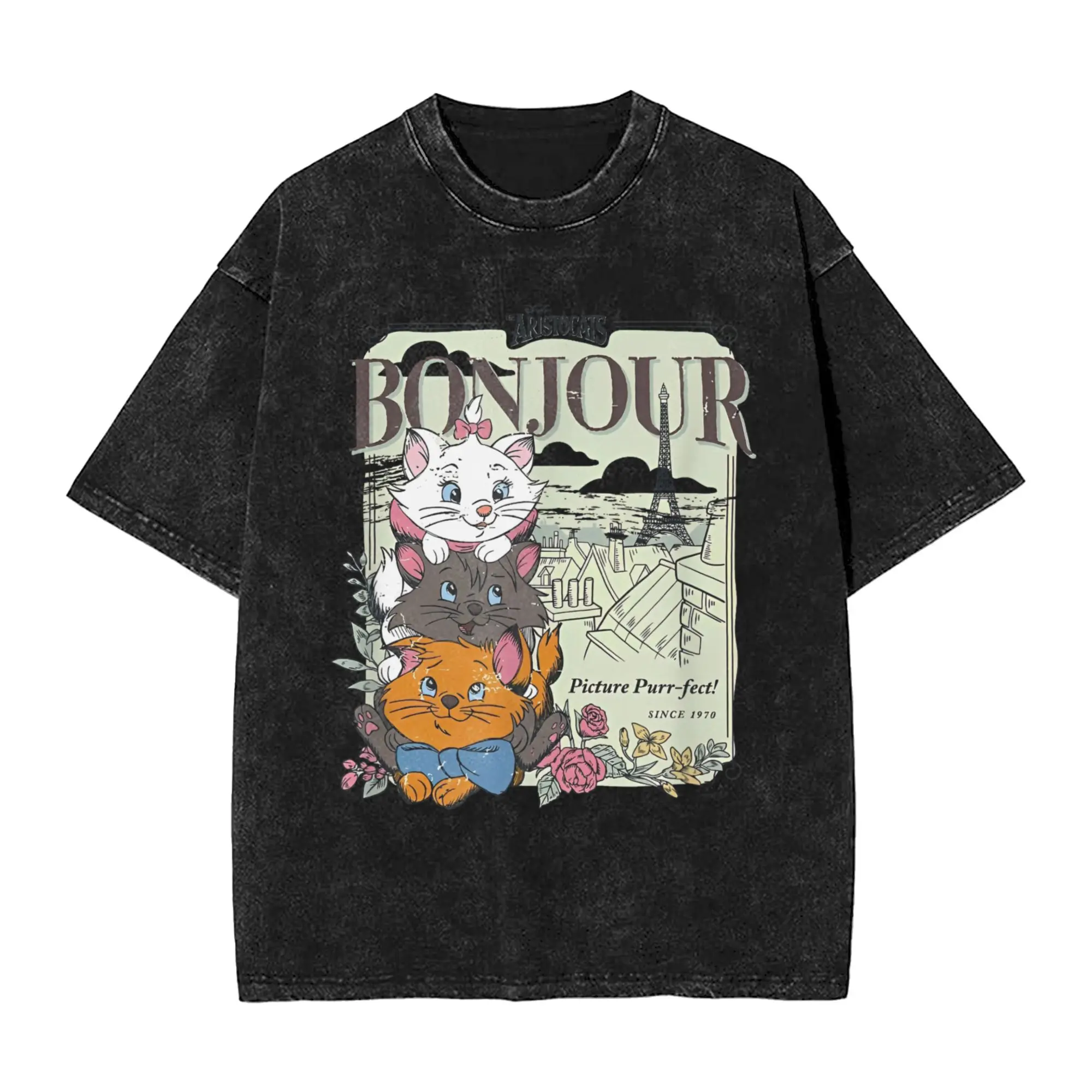Vintage Washed T Shirt The Aristocats Bonjour Loose T-Shirts  Trendy Cool Tee Shirt for Male Beach Awesome Casual Top Tees