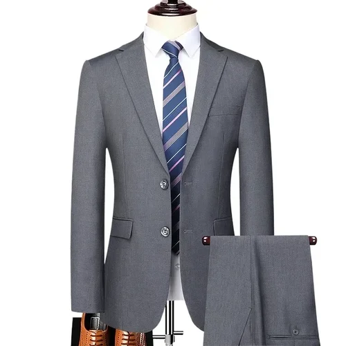 Imagen 1 del producto S-8XL nuevo (Blazer + pantalones) traje de Color sólido de talla grande para viaje de boda informal ajustado a la moda para caballero de negocios a la moda para hombre