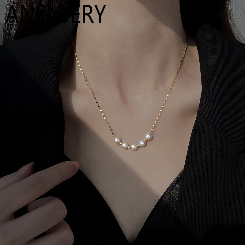 ANENJERY 316L Stainless Steel Five Pearl Necklace For Women Simple Clavicle chain Fashion Temperament Jewelry Gifts Wholesale