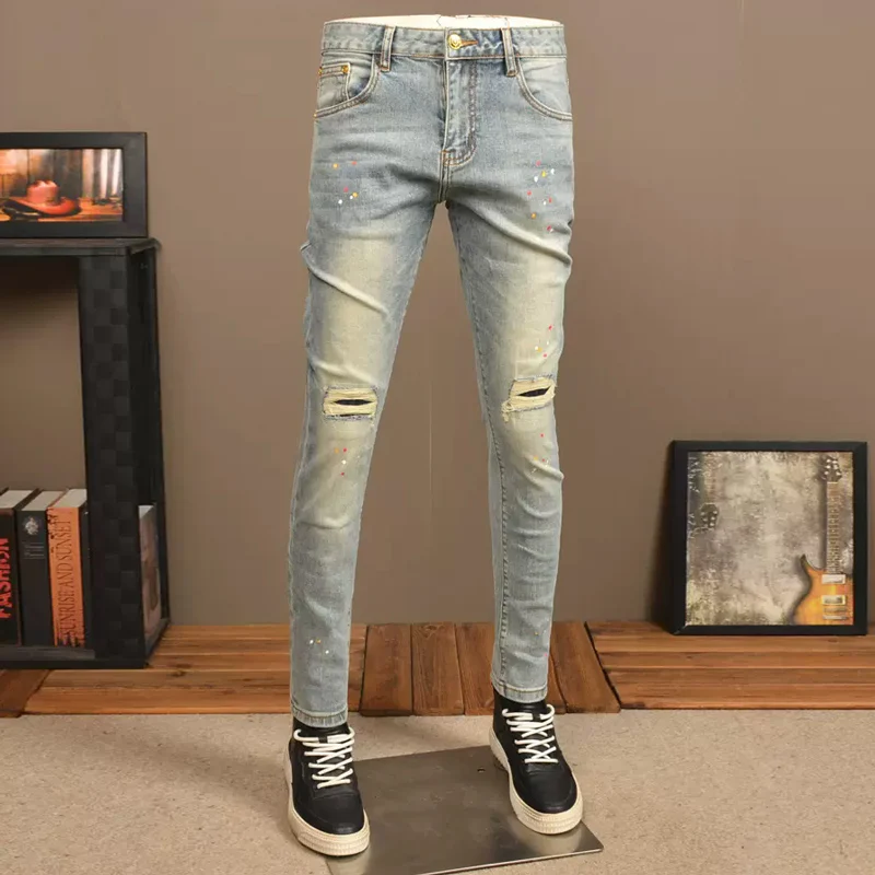 Moda uliczna Mężczyźni Jeans Retro Washed Stretch Skinny Fit Vintage Ripped Jeans Men Painted Designer Hip Hop Denim Pencil Pants