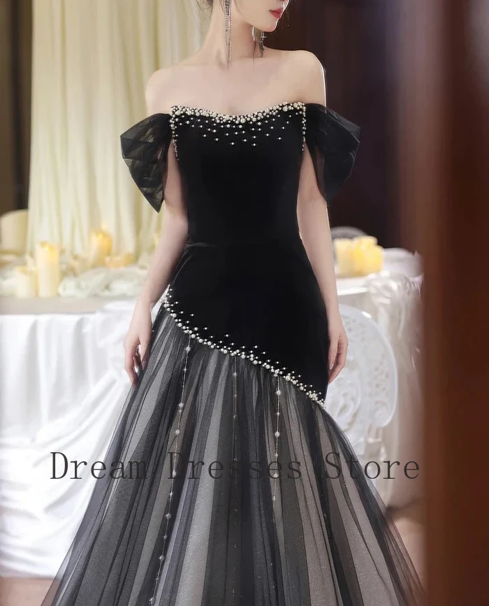 Customized Classic Velour Pearl Draped Pleat Trumpet Off-the-shoulder Long Dresses Bespoke Occasion Dresses Exquisite Matching