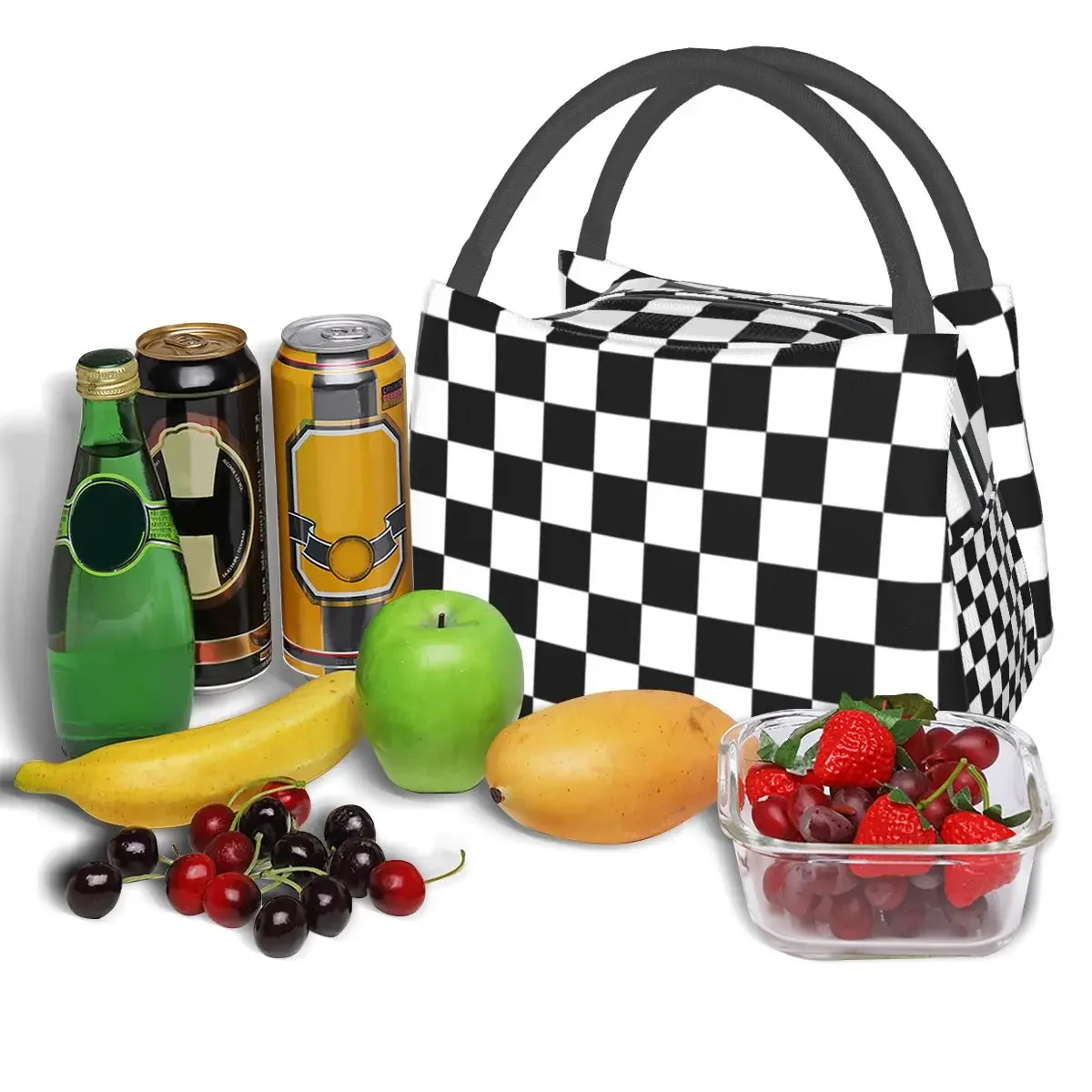 Schwarz Schachbrett Lunch Bag klassische Schwarz-Weiß-Checker Lunch Box Office Grafik Kühltasche lustige wasserdichte Einkaufstasche