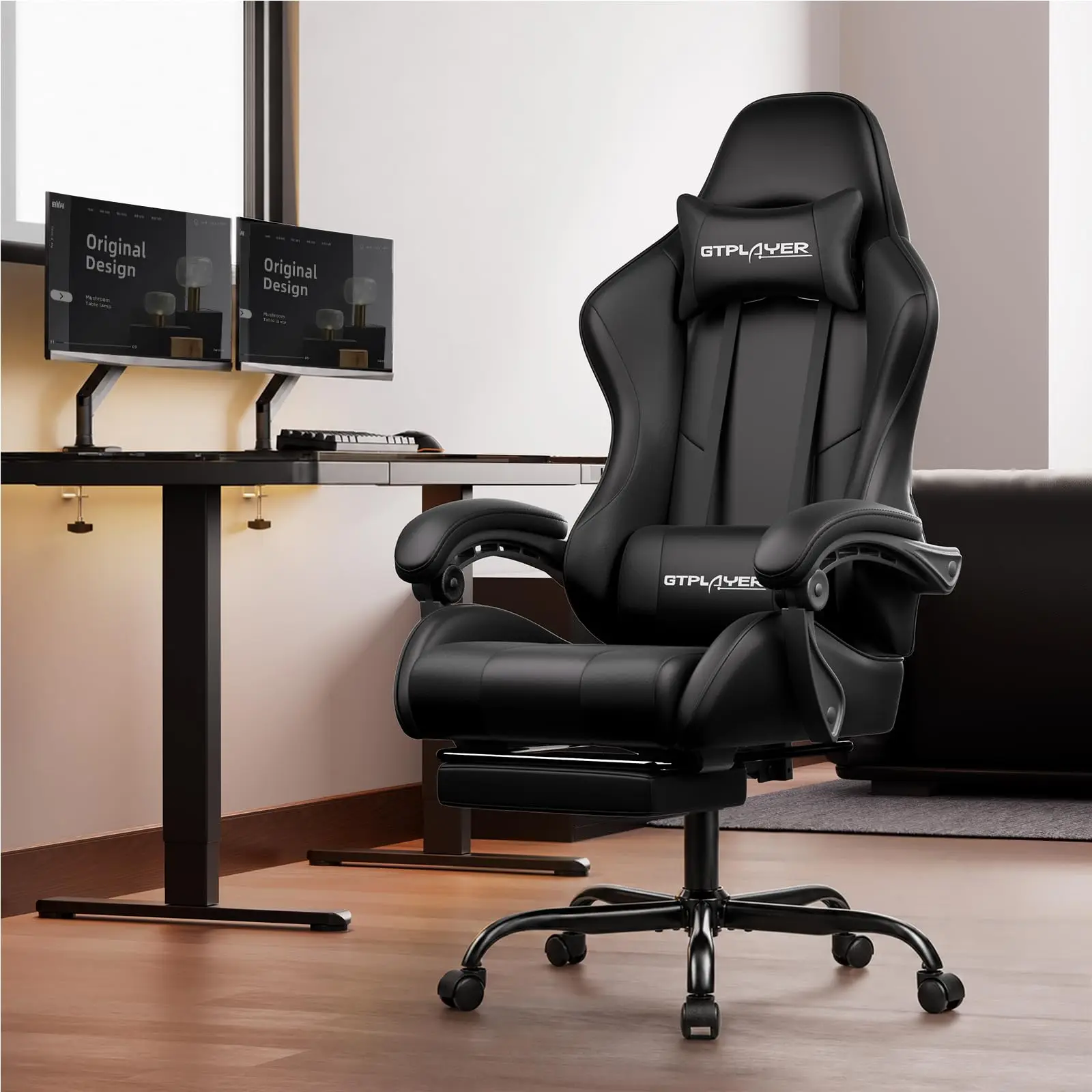 Gaming Chair, Computer Chair with Footrest and Lumbar Support, Height Adjustable Game Chair with 360°-Swivel Seat and