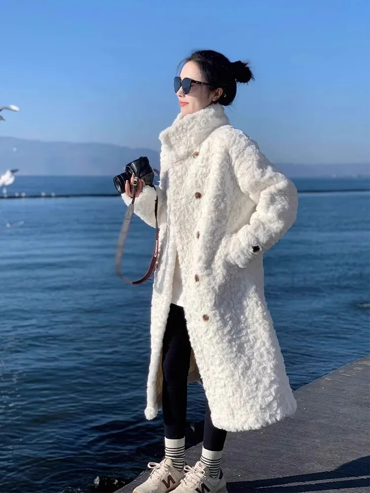 White Lamb Plush Fashionable Coat For Women In Winter, Thickened Soft And Sticky Fur One-Piece Long Loose Coat