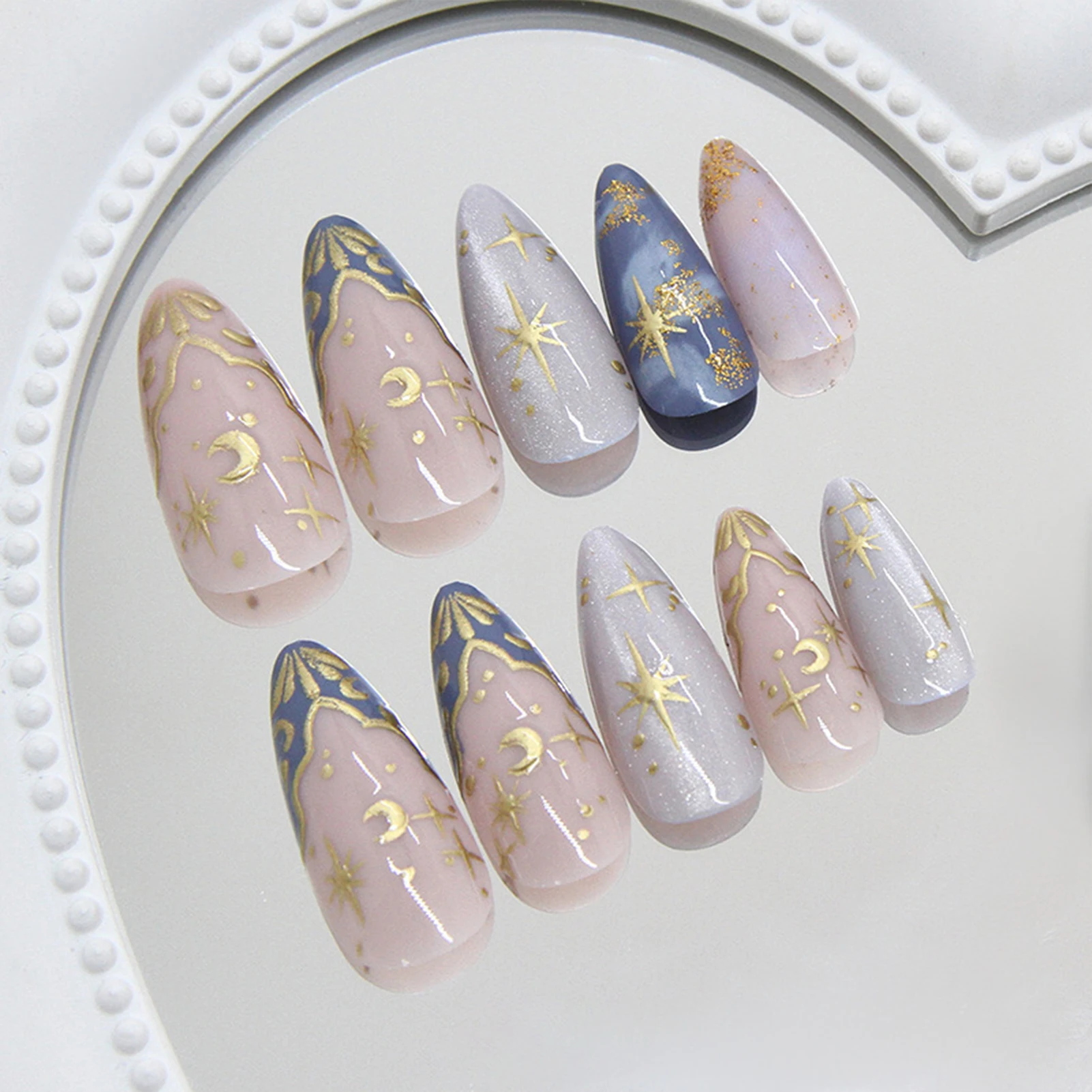 24pcs French Style False Nails Almond Shape 3D Star Moon Cat Eyes Fake Nails Press On Nails Manicure For Women Party Performance