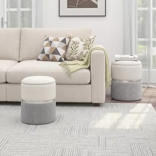 Storage Ottoman Set of 2, Modern Round Ottoman with Storage, Upholstered Linen Fabric Footrest with Sliver Hoop, Vanity