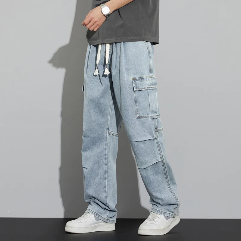 

2026 Summer Men Retro Pleated Work Jeans Men Vintage Hole Jeans Men Solid Color Cotton Wide Leg Pants Men Streetwear Trousers