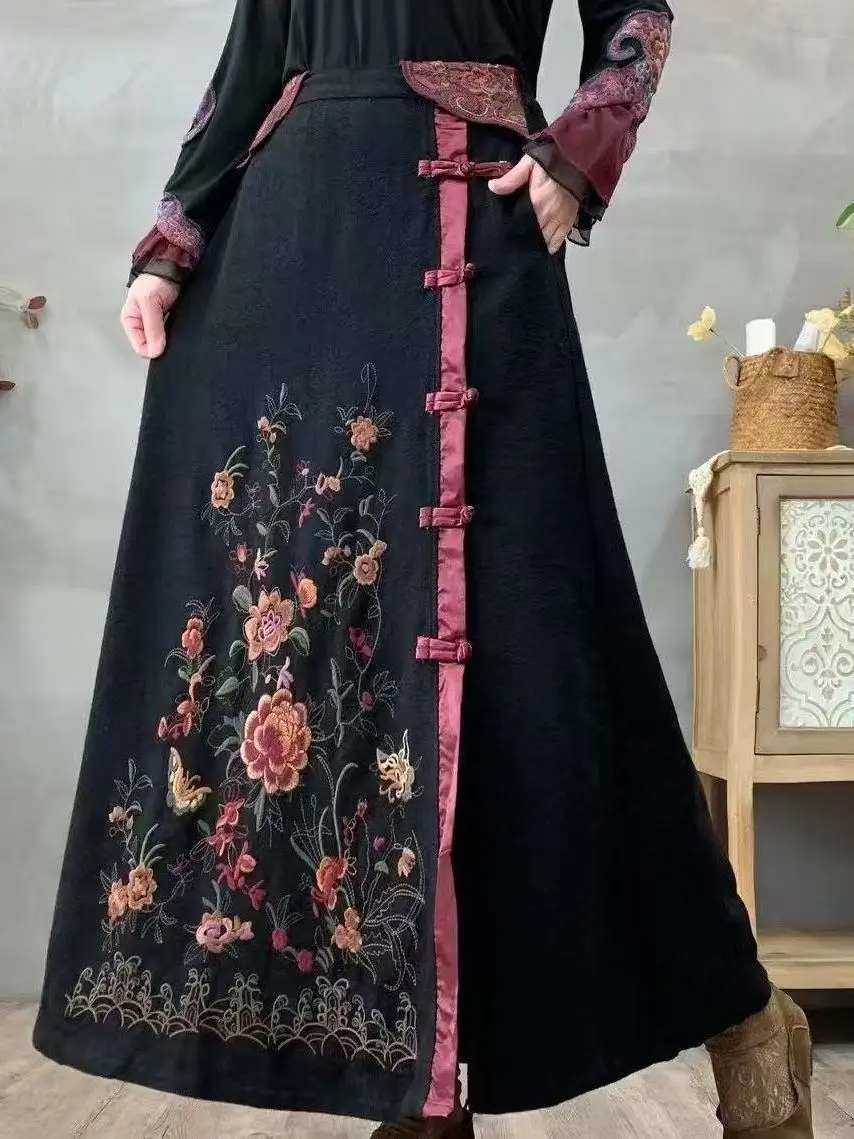 다용도 면 린넨 자수 미디 스커트 넓은 밑단 A라인 실루엣 편안한 착용감 출퇴근용 여름 2025