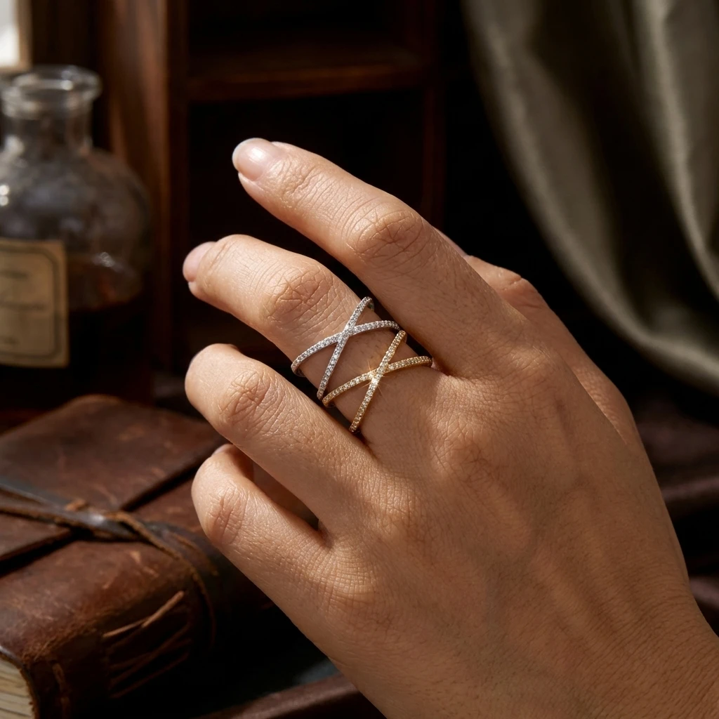 Moderner Kreuzring für Damen, zarter Messing-Zirkon-Ring in X-Form, breiter, gepflasterter Bandring, geometrischer Statement-Schmuck, atmungsaktiv – Detail 3