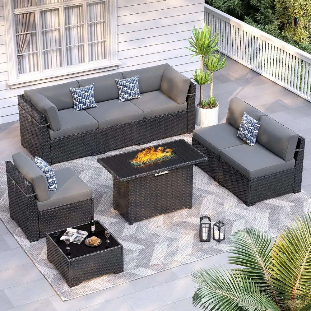 

Piece Patio Furniture Set with 44 Fire Pit Table AllWeather Wicker Conversation Sectional Sofa amp Coffee Table with Thickened