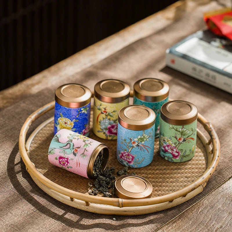 Exquisite Enamel Tea Jar Metal Cover Ceramic Sealed Jar Storage Bucket Small Travel Tea Set Candy Biscuit Storage Jar Container