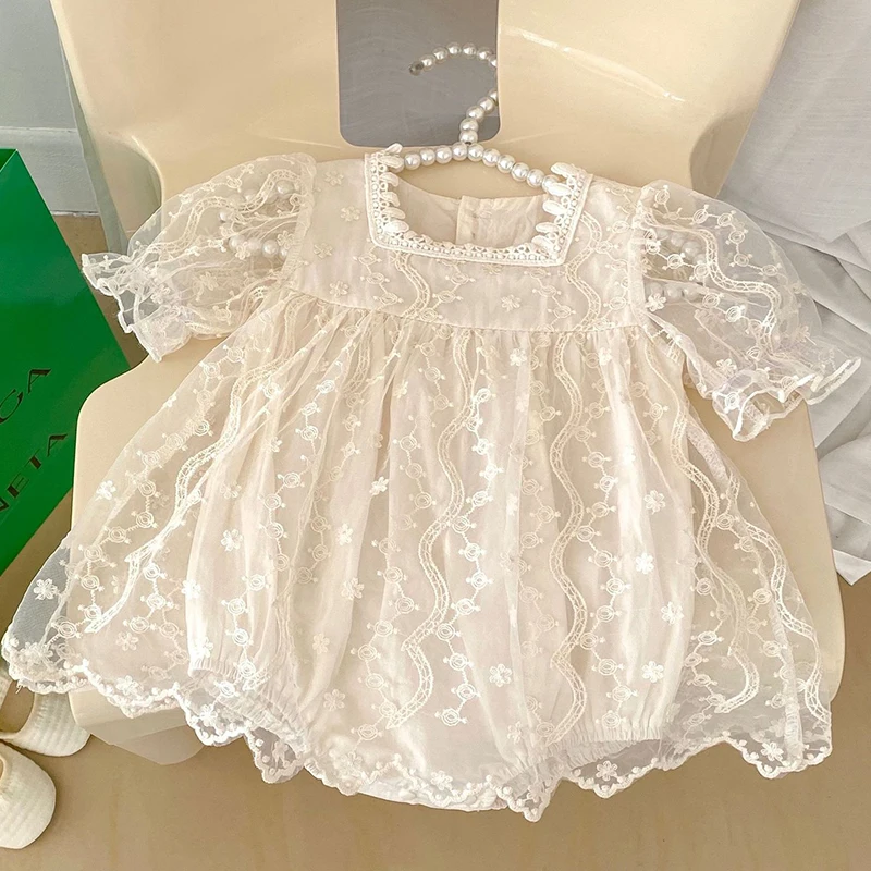 2024 Summer Baby Clothes Lace Embroidery Girls One Piece Toddler Girl Bodysuit Baby Tutu Skirt Style Bodysuit Party Outfit