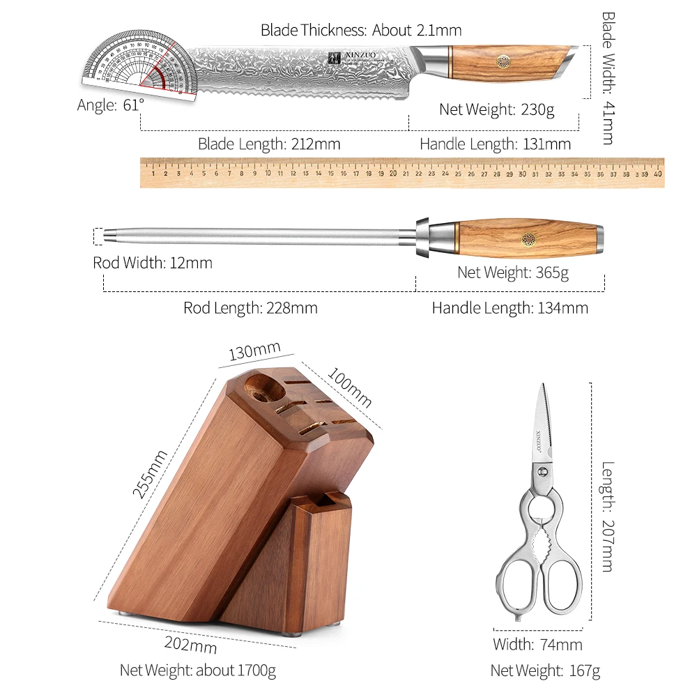 Imagem -06 - Xinzuo Peça Conjunto Titular da Faca Conjunto com Afiador Tesoura de Cozinha Energia Aço Damasco Ferramentas de Cozinha Madeira Oliva Lidar com