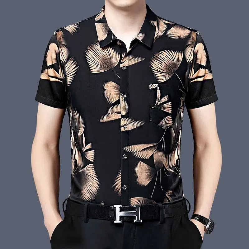 

2023 Summer New Fashion Casual Trend Oversized Comfortable Men's Clothing Contrasting Color Fashionable Printed Lapel slim Shirt